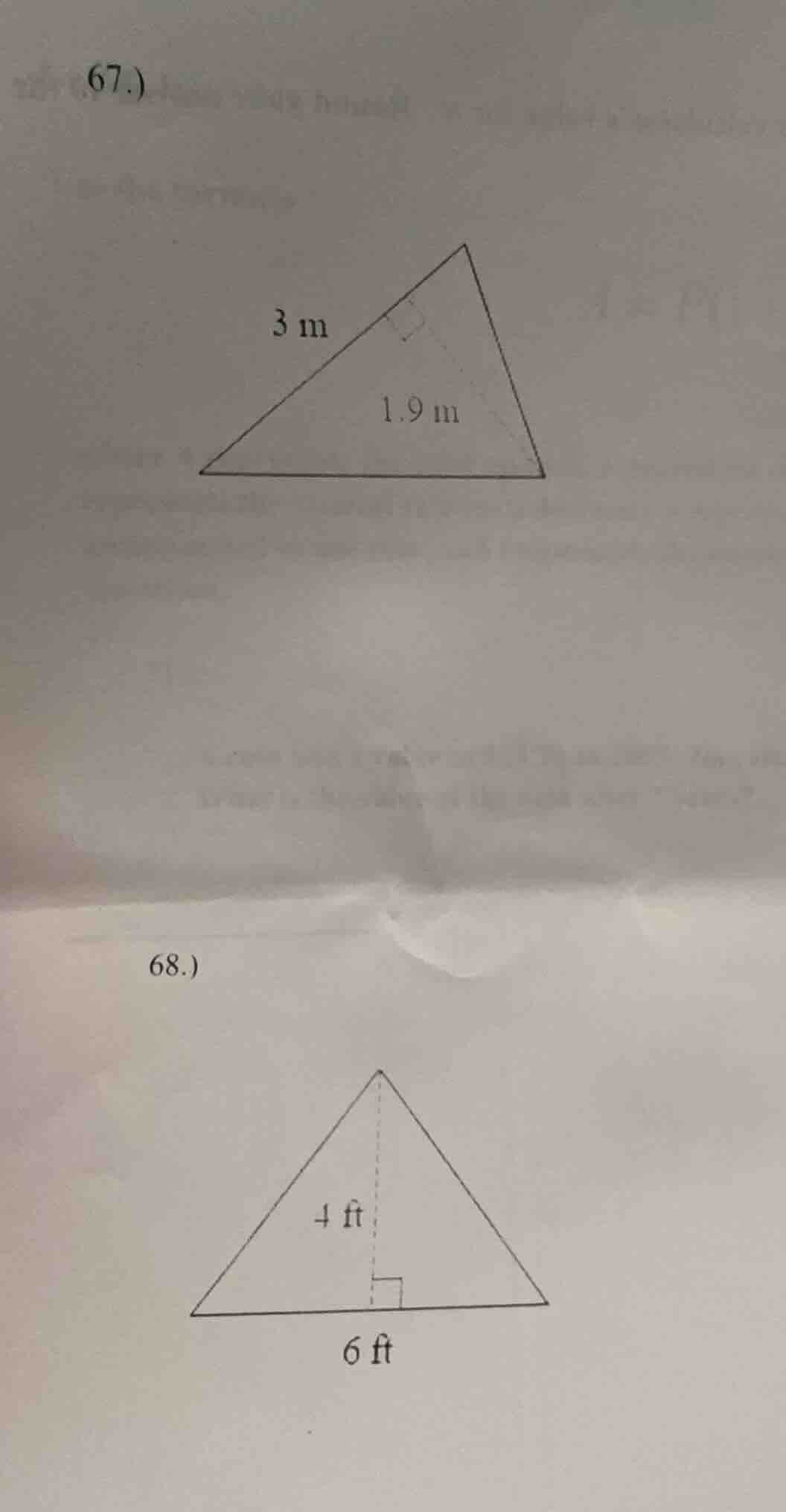 67.) triangle with base - related side 3 m and height 1.9 m 68.) triang…