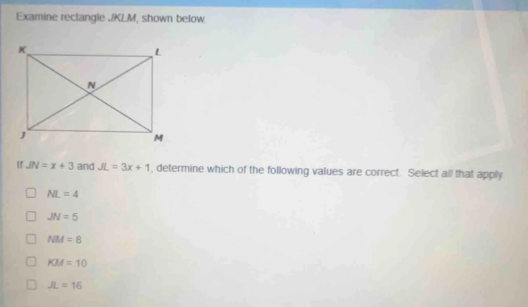 examine rectangle jklm, shown below image of rectangle jklm with diagon…