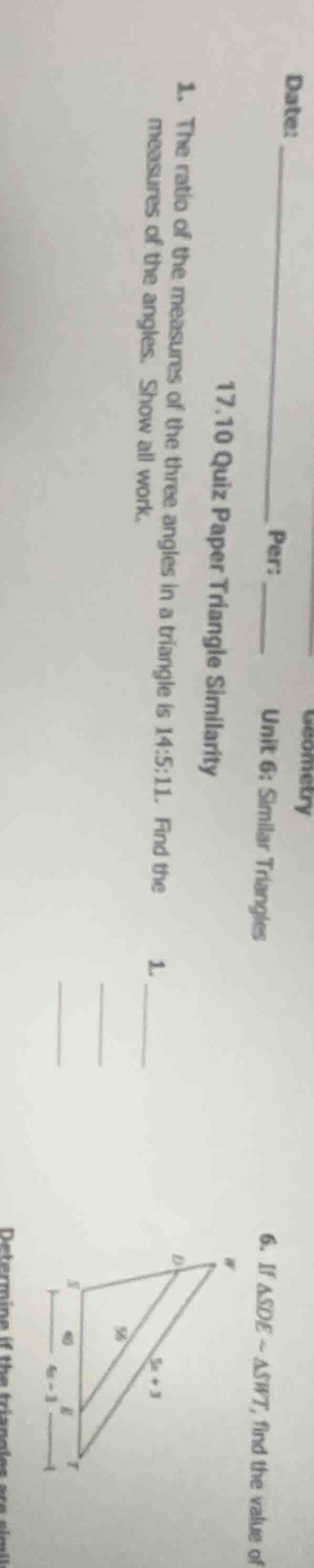 1. the ratio of the measures of the three angles in a triangle is 14:5:…