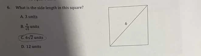 6. what is the side length in this square? a. 3 units b. \\(\\frac{6}{\…