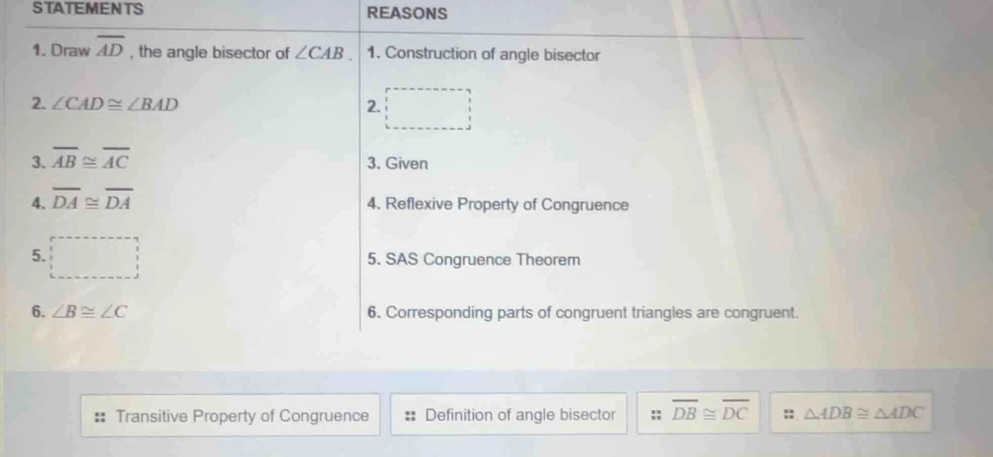 statements 1. draw \\(\\overline{ad}\\), the angle bisector of \\(\\ang…