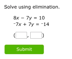 solve using elimination. 8x - 7y = 10 -7x + 7y = -14 (\\square, \\squar…