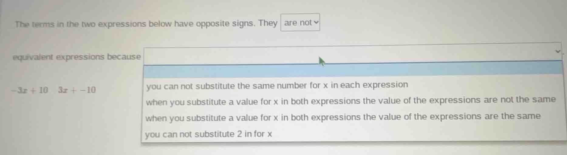 the terms in the two expressions below have opposite signs. they are no…