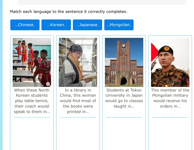 match each language to the sentence it correctly completes. ...chinese.…