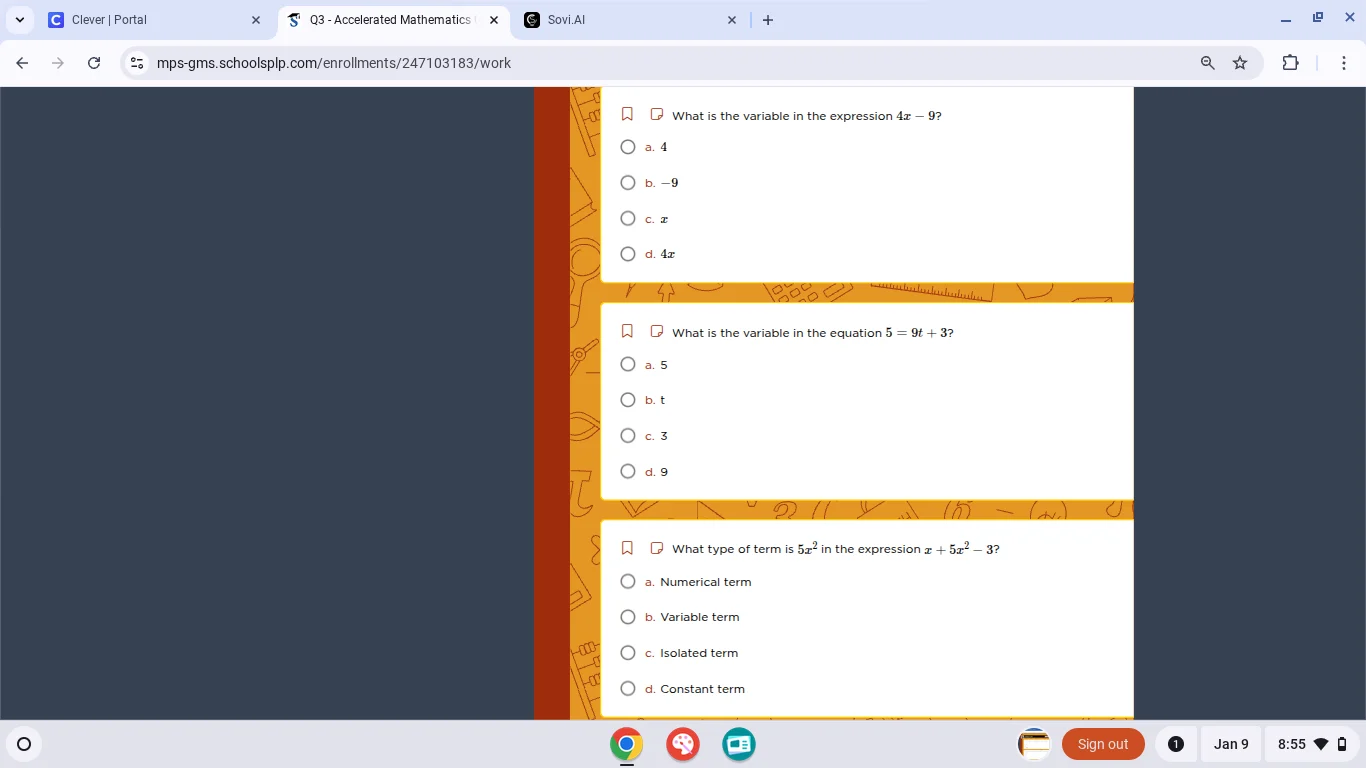 what is the variable in the expression $4x - 9$? a. 4 b. $-9$ c. $x$ d.…