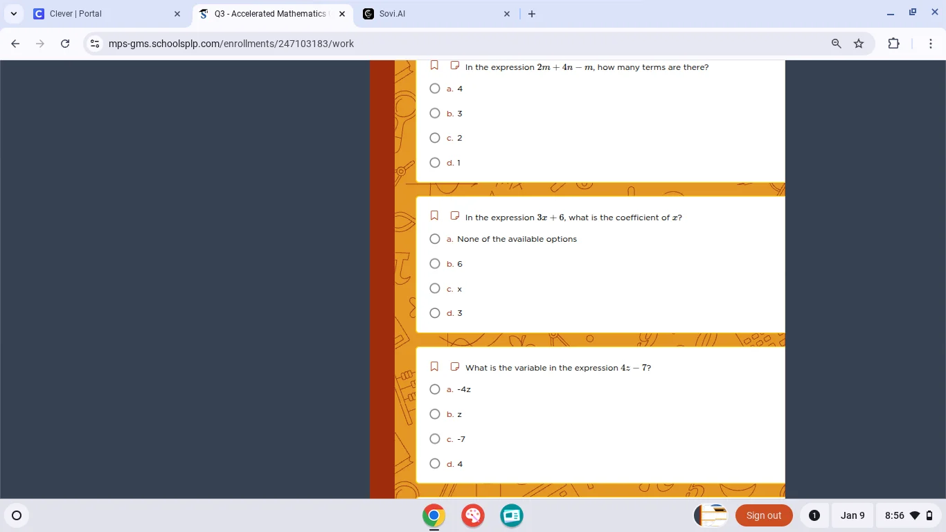 in the expression $2m + 4n - m$, how many terms are there? a. 4 b. 3 c.…