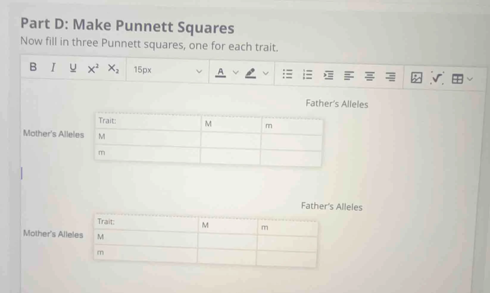 part d: make punnett squares now fill in three punnett squares, one for…