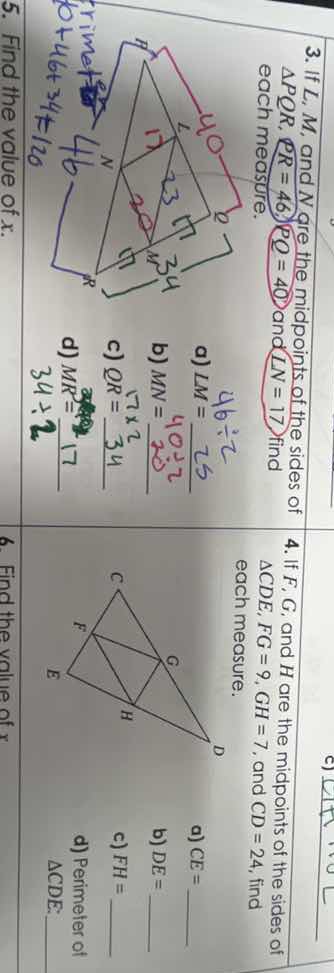 5. find the value of x. 6. find the value of x. 3. if l, m, and n are t…