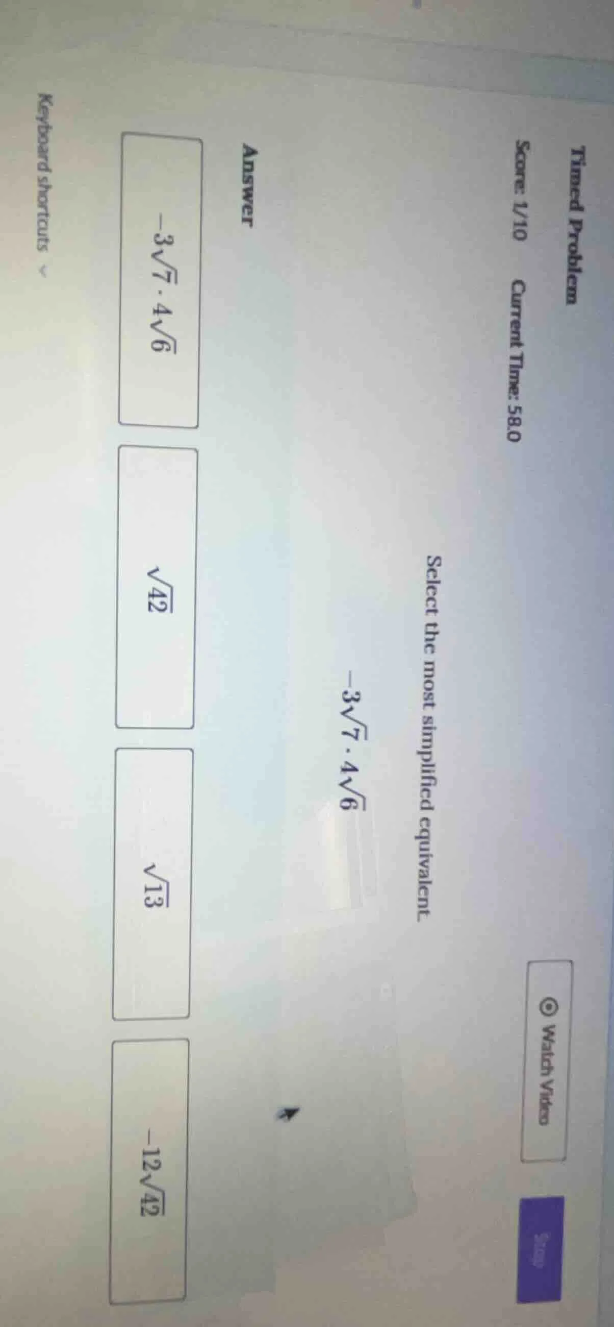 timed problem score: 1/10 current time: 58.0 select the most simplified…