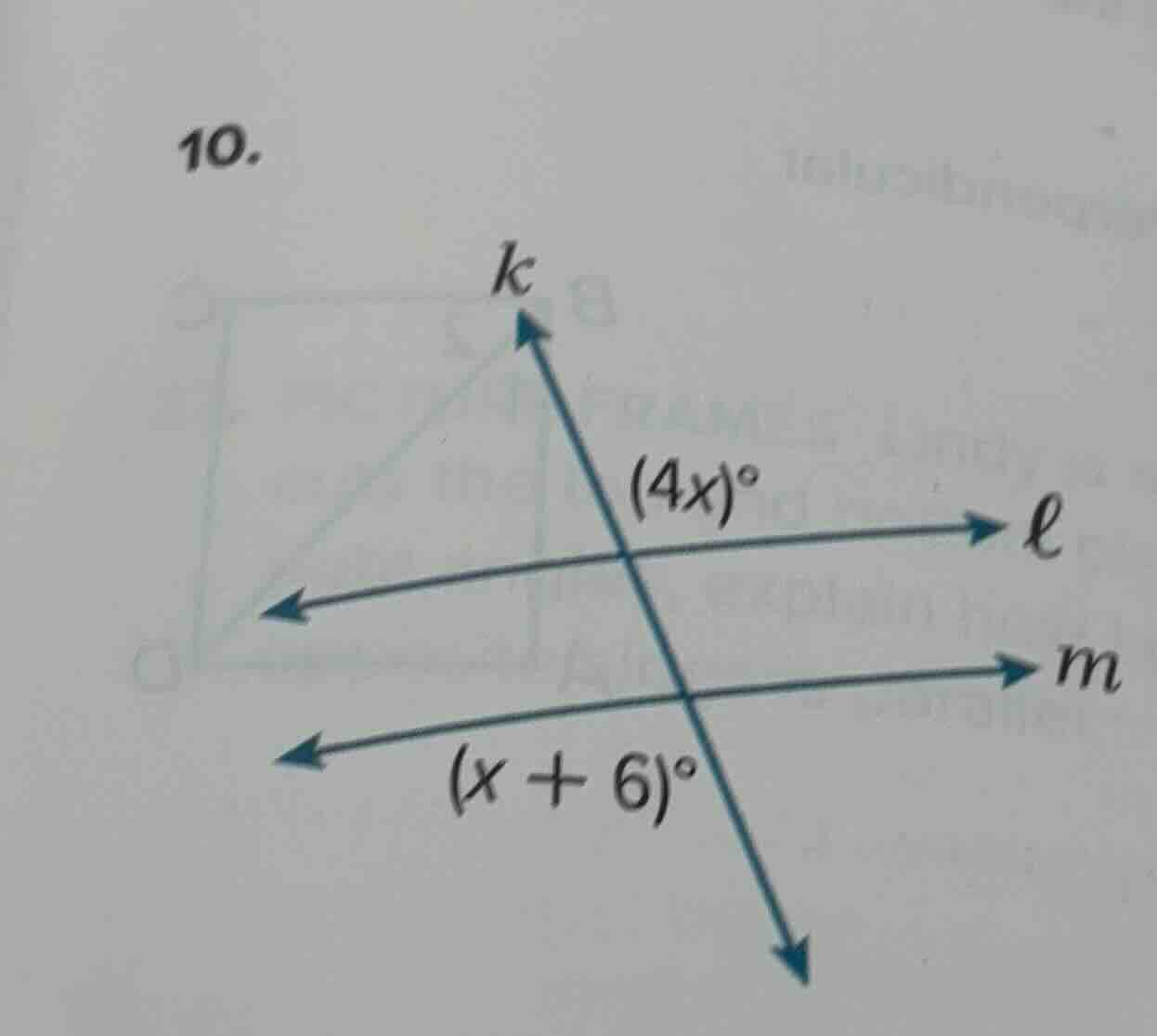 10. there is a diagram with two parallel lines ( l ) and ( m ), and a t…