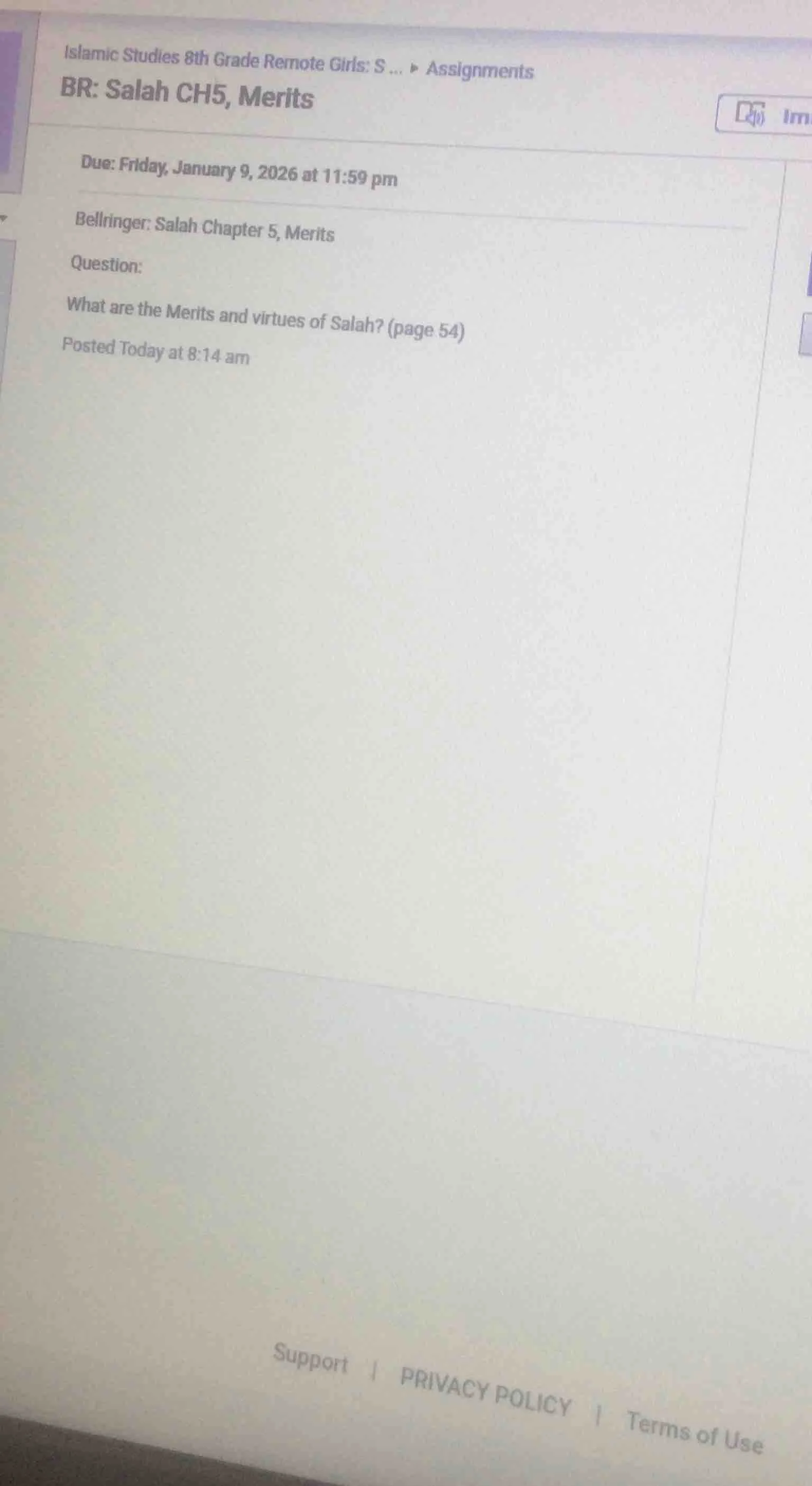 islamic studies 8th grade remote girls: s... ▸ assignments br: salah ch…