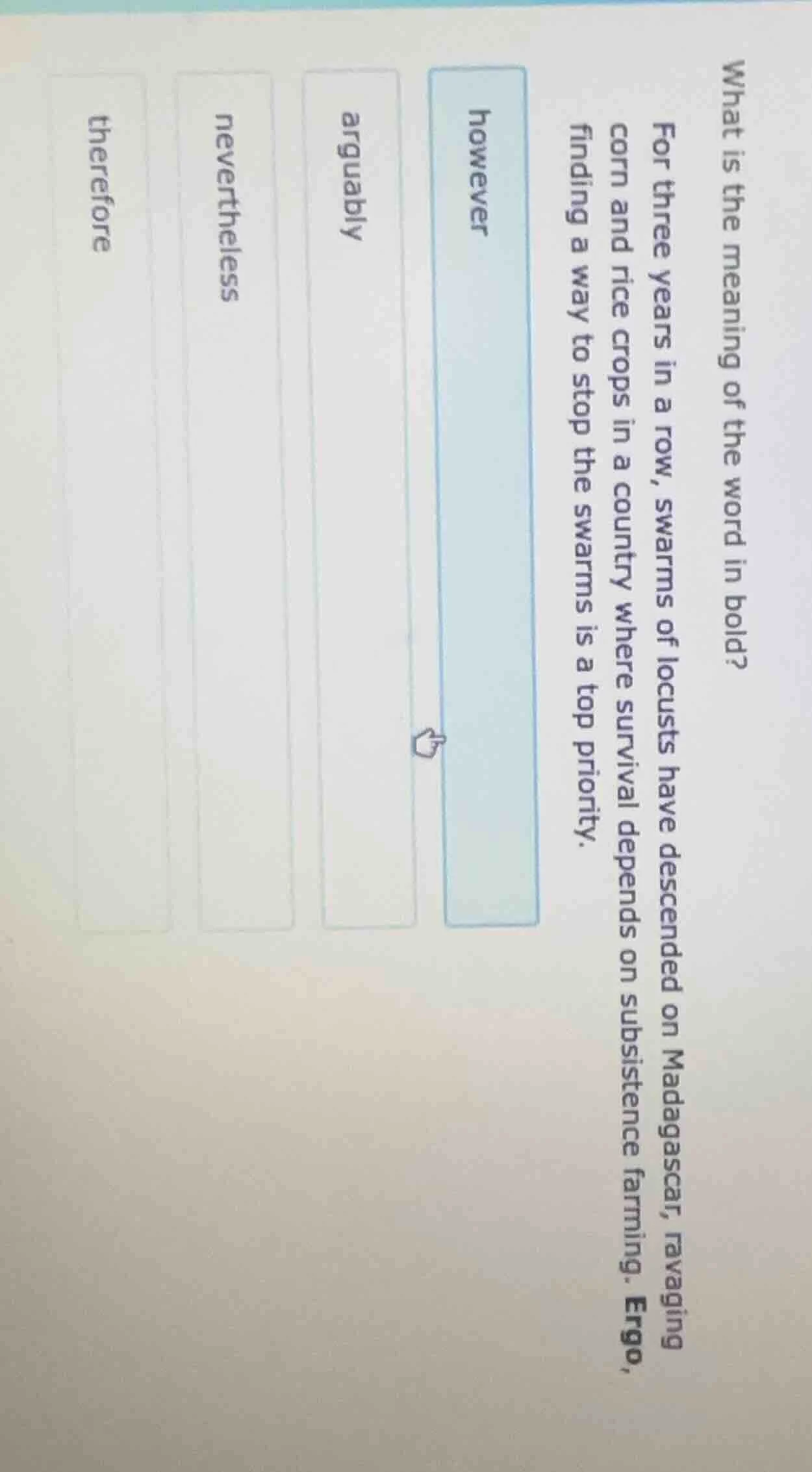 what is the meaning of the word in bold? for three years in a row, swar…