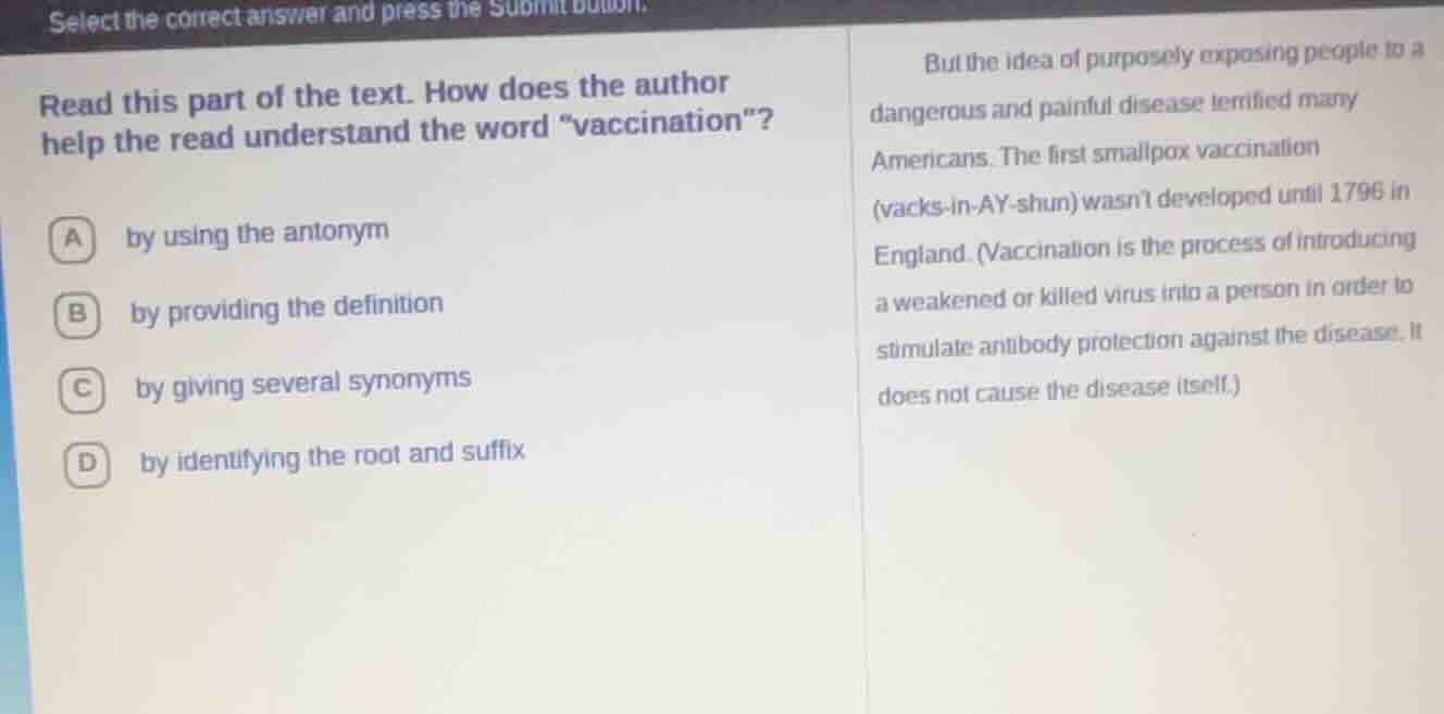 select the correct answer and press the submit button. read this part o…