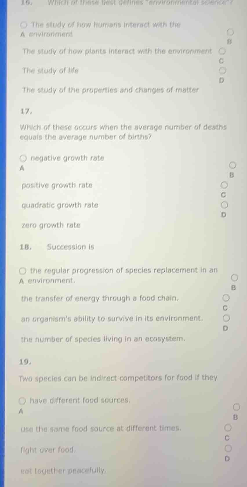 16. which of these best defines \environmental science\? a the study of…