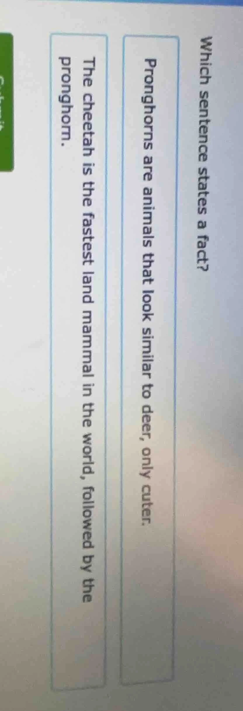 which sentence states a fact? pronghorns are animals that look similar …