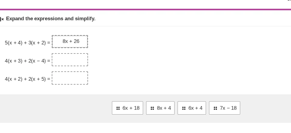 expand the expressions and simplify. $5(x + 4) + 3(x + 2) = \\boxed{8x …