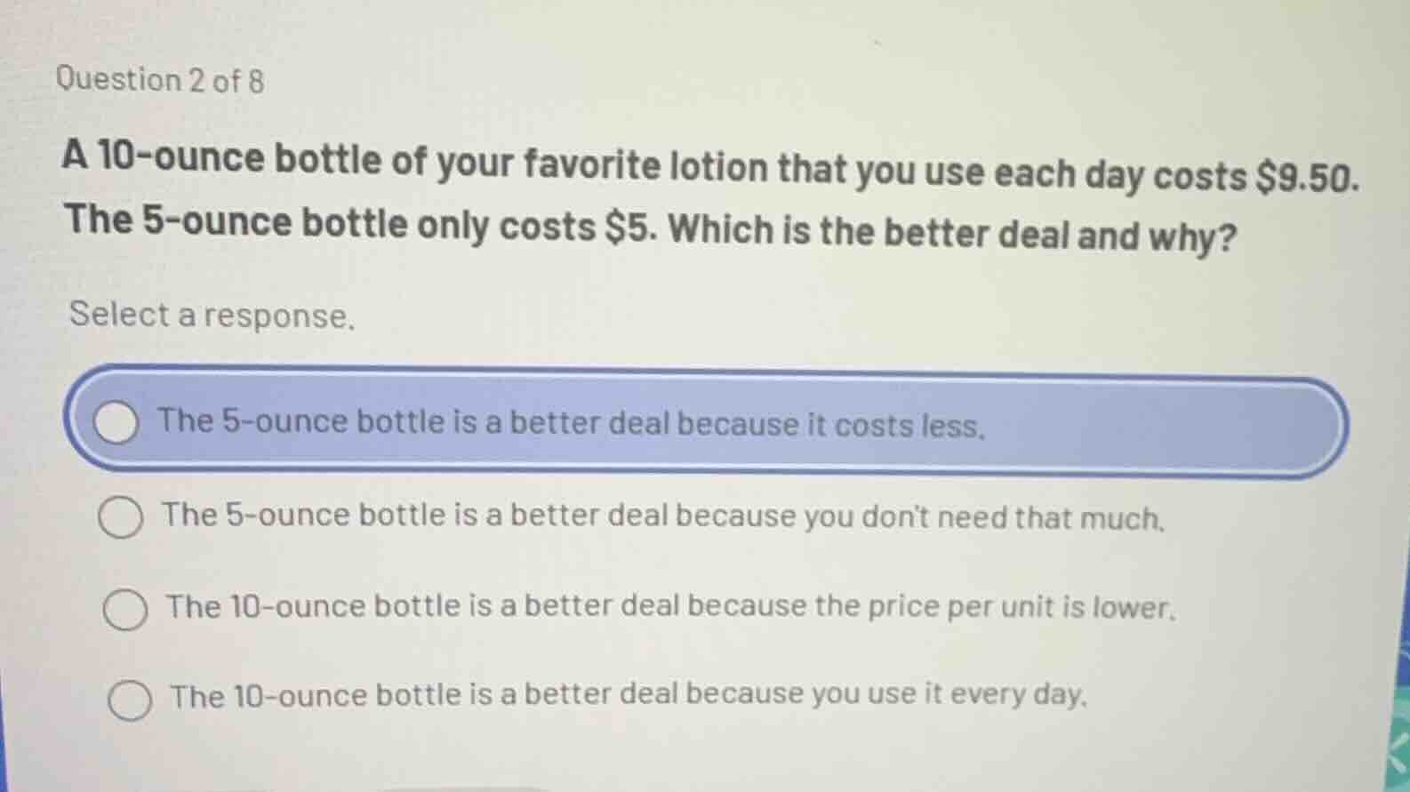 question 2 of 8 a 10-ounce bottle of your favorite lotion that you use …