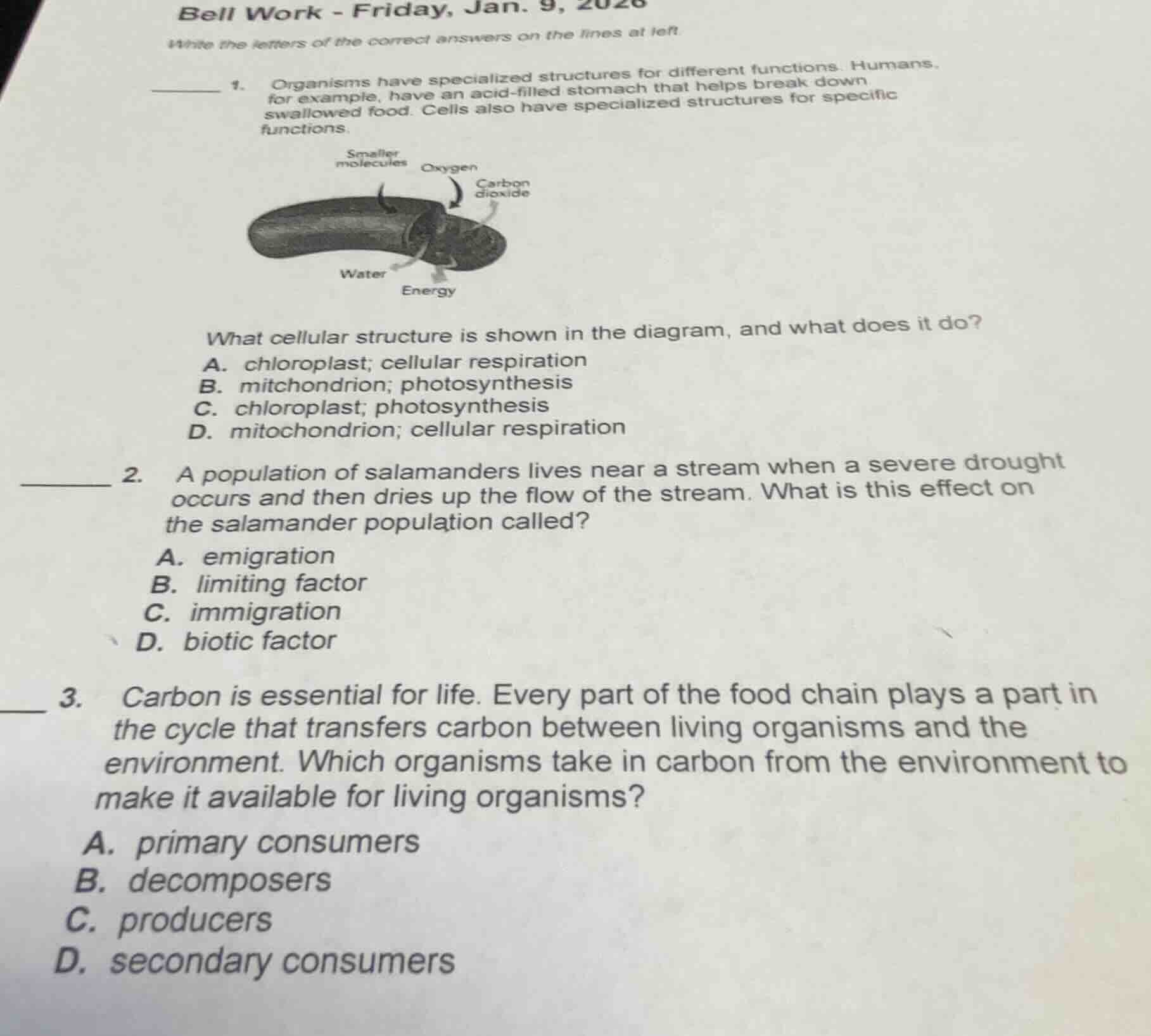 bell work - friday, jan. 9, 2026 write the letters of the correct answe…