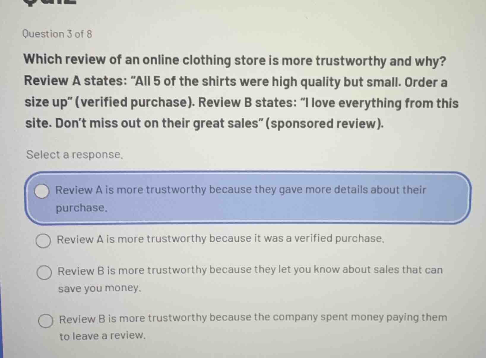 question 3 of 8 which review of an online clothing store is more trustw…