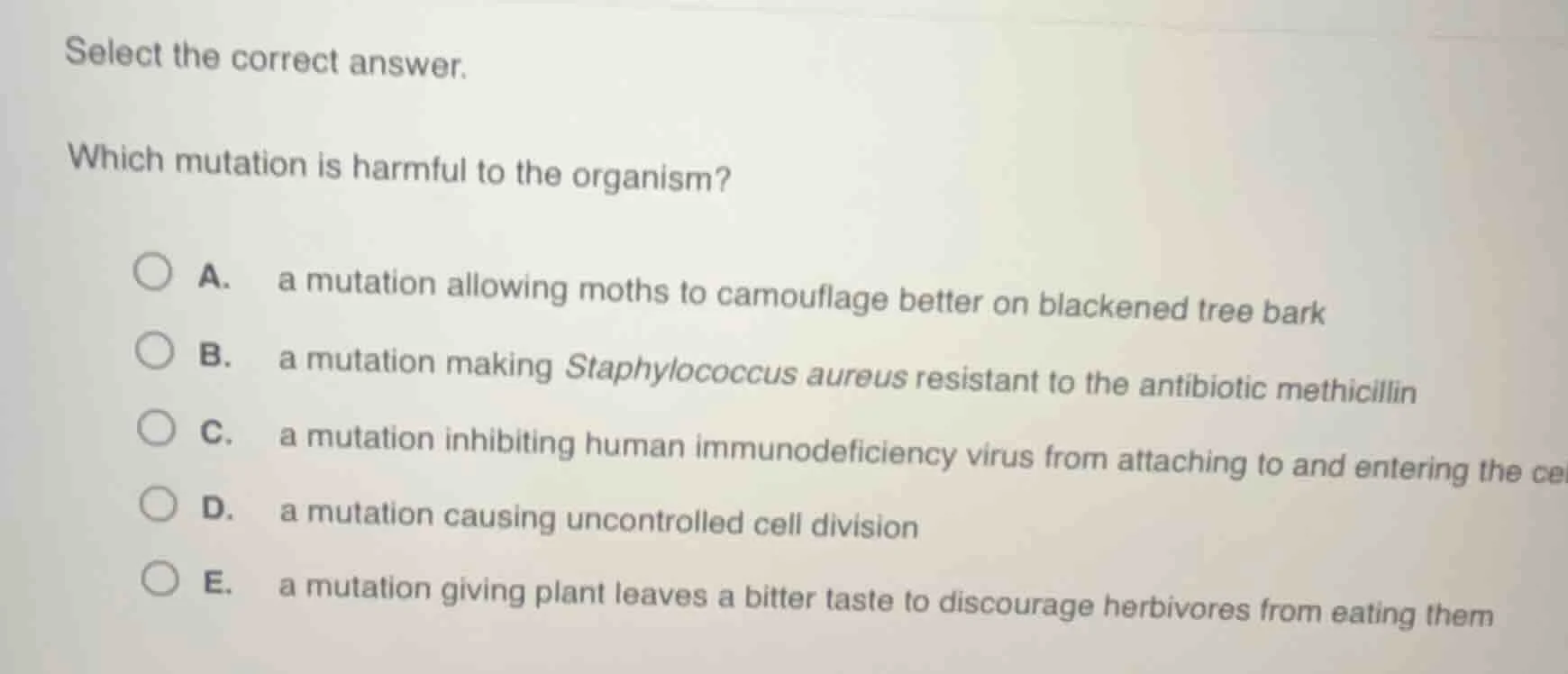 select the correct answer. which mutation is harmful to the organism? a…