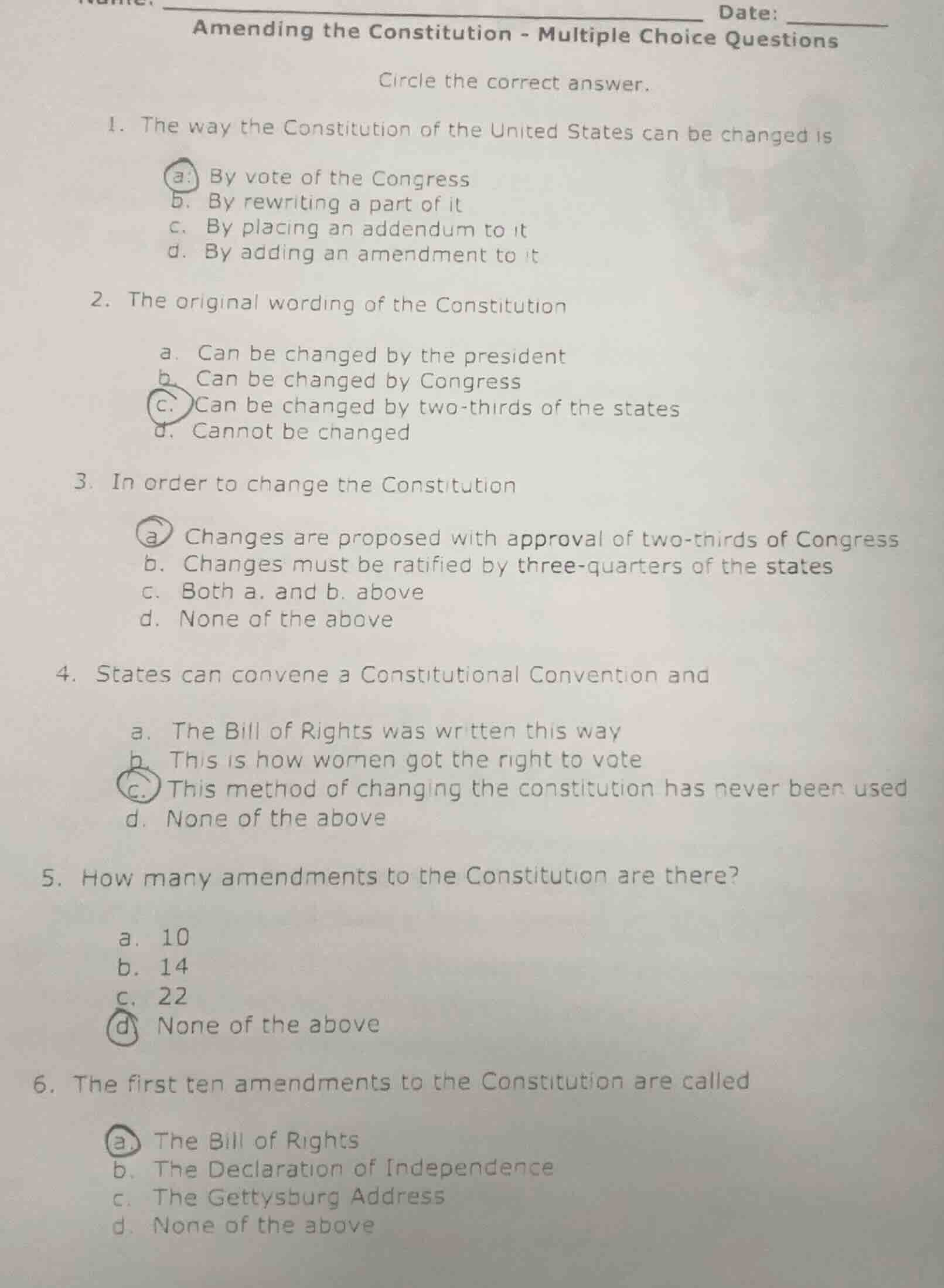 amending the constitution - multiple choice questions circle the correc…