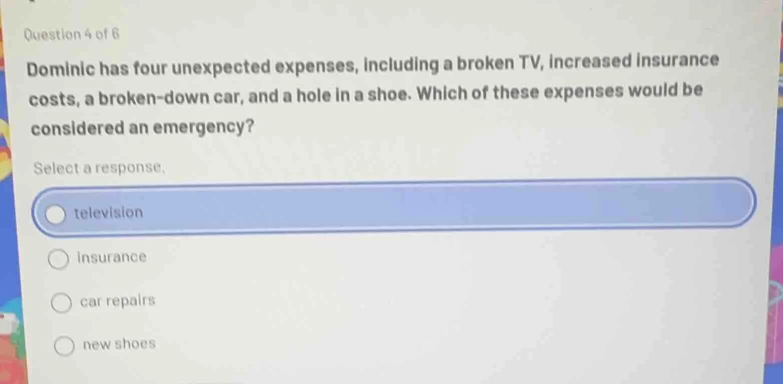 question 4 of 6 dominic has four unexpected expenses, including a broke…