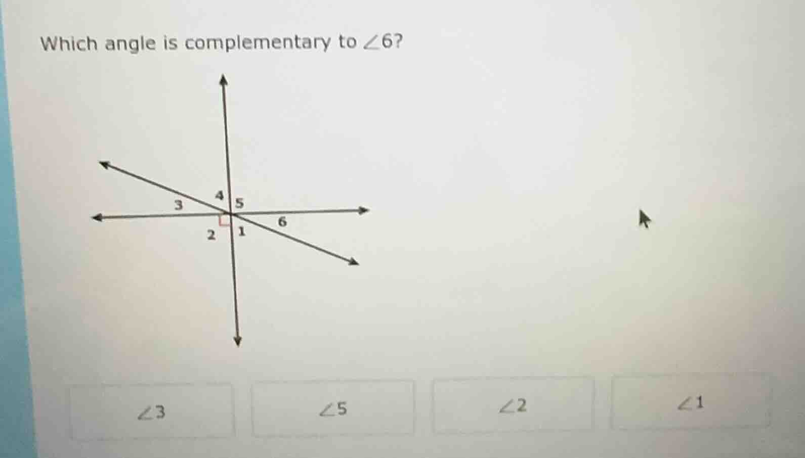which angle is complementary to $\\angle 6$? image of intersecting line…