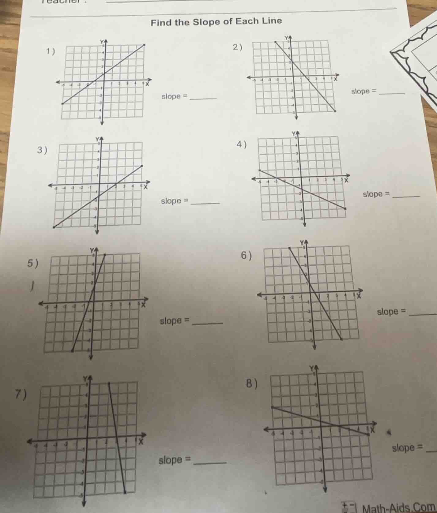 find the slope of each line 1) slope = ______ 2) slope = ______ 3) slop…