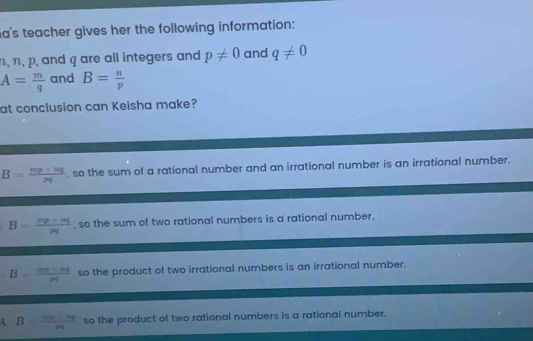 as teacher gives her the following information: n, n, p, and q are all …