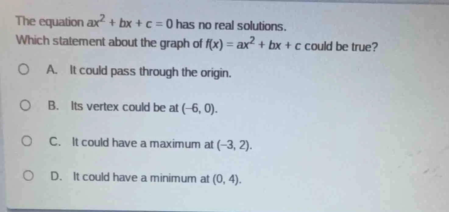 the equation $ax^2 + bx + c = 0$ has no real solutions. which statement…