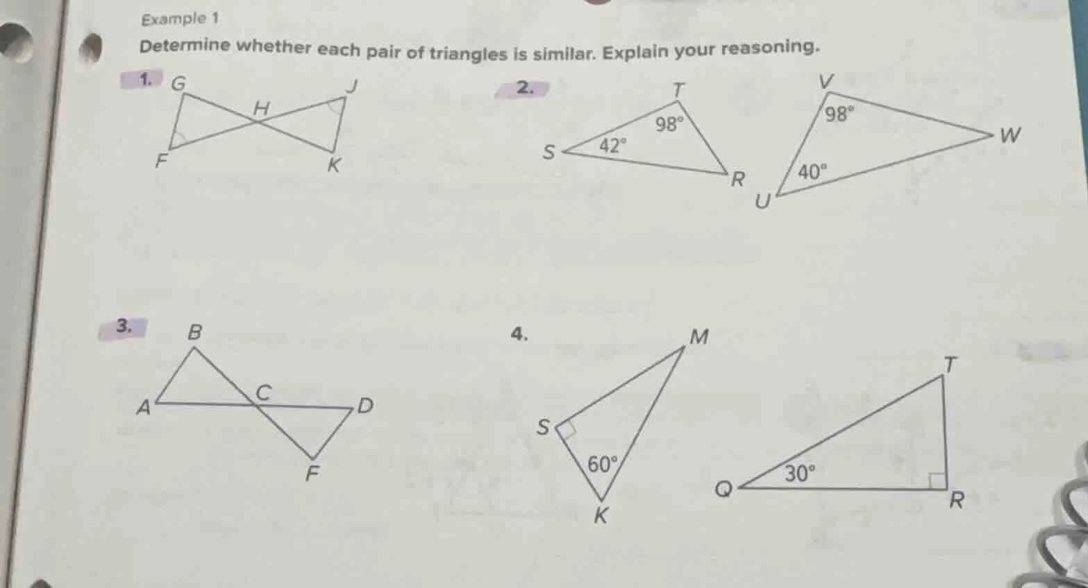 example 1 determine whether each pair of triangles is similar. explain …
