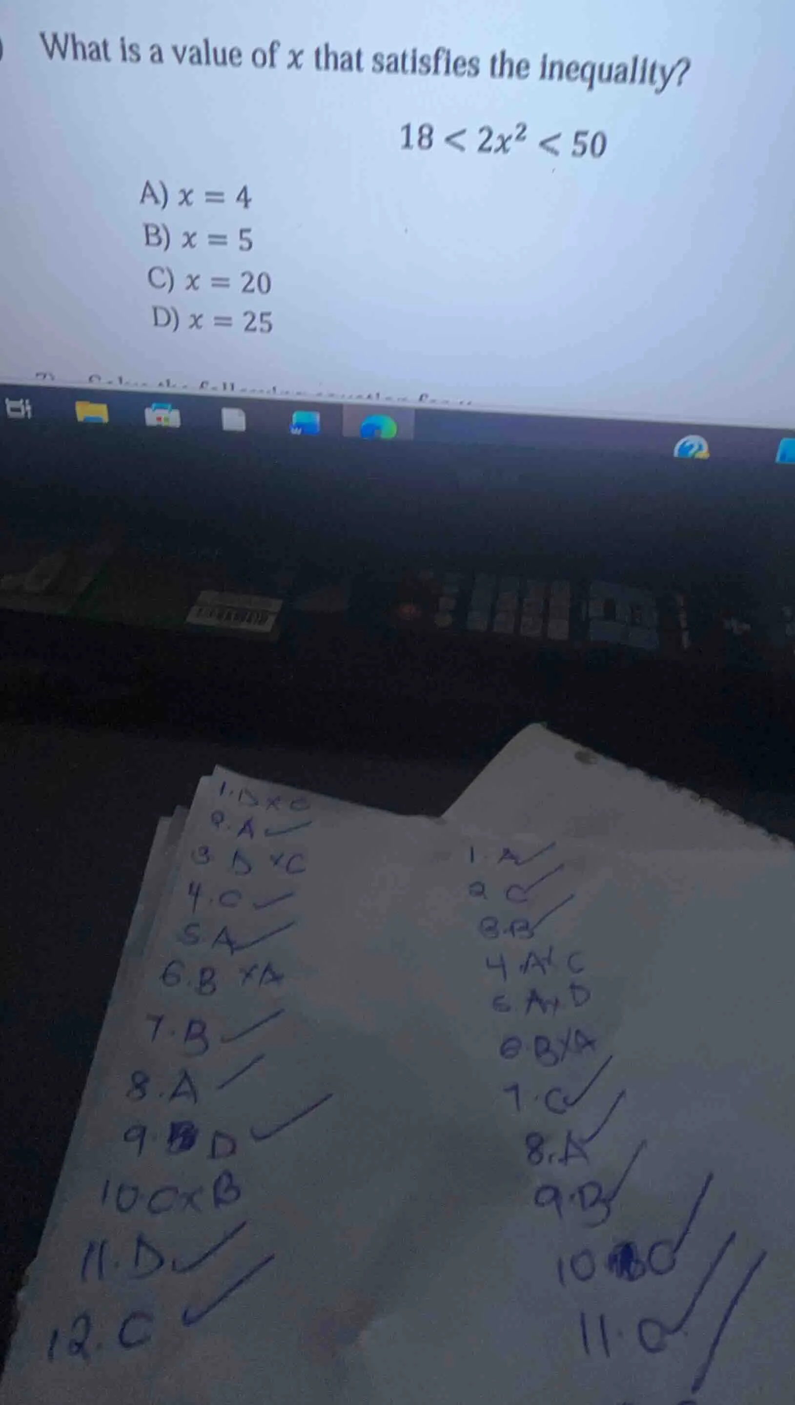 what is a value of x that satisfies the inequality? $18 < 2x^2 < 50$ a)…