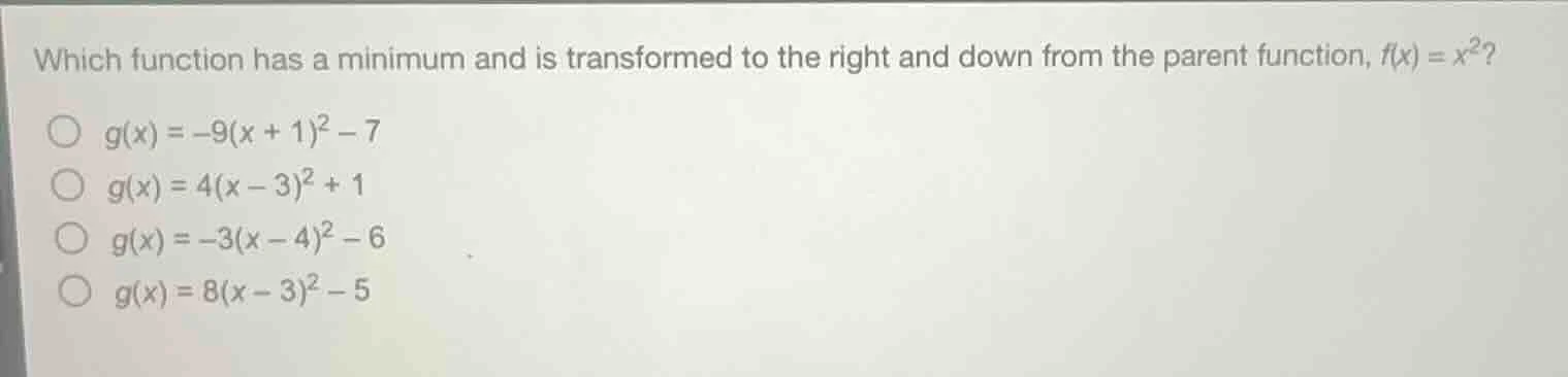 which function has a minimum and is transformed to the right and down f…