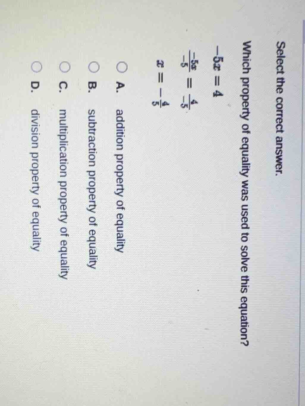 select the correct answer. which property of equality was used to solve…