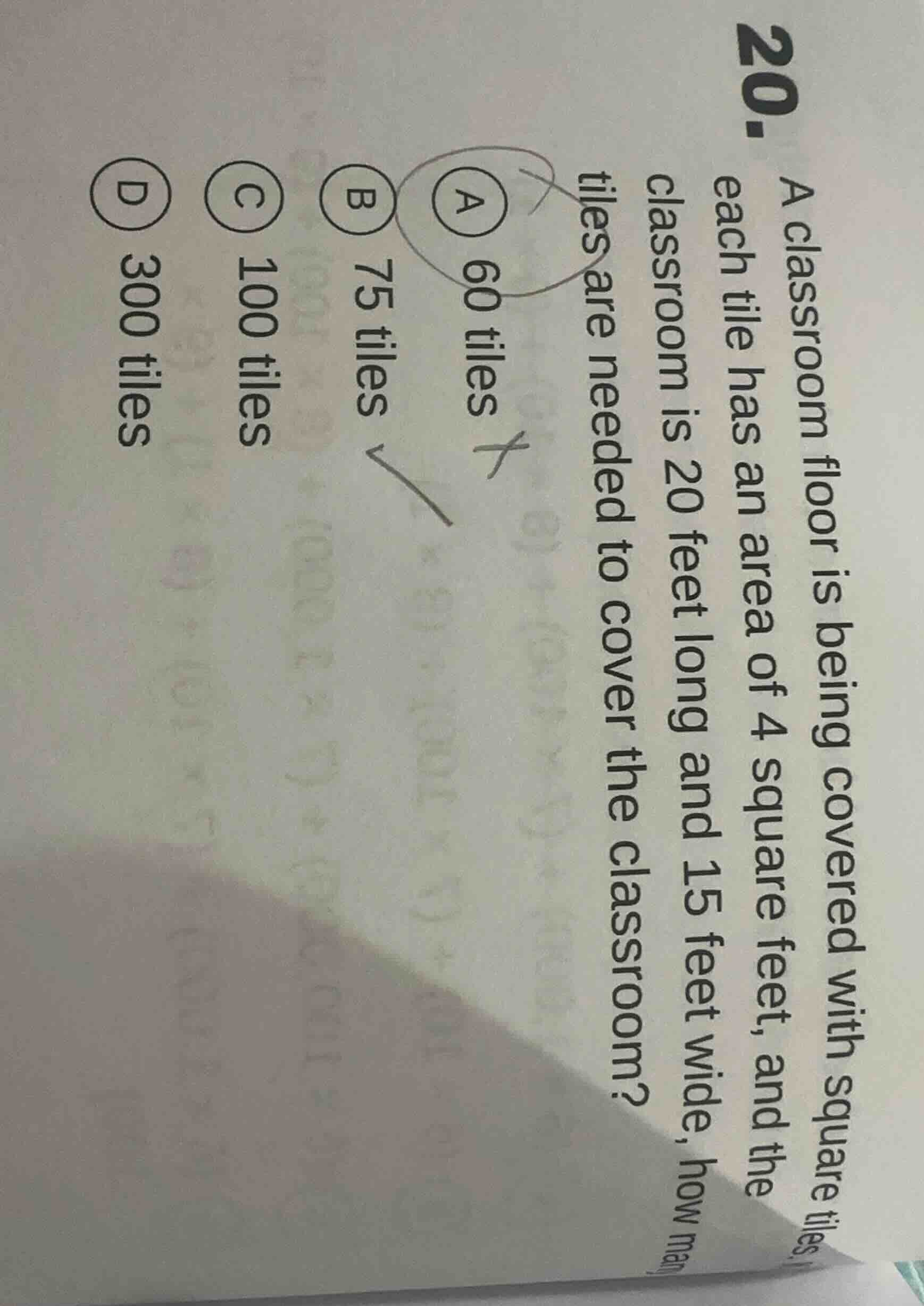 20. a classroom floor is being covered with square tiles. each tile has…