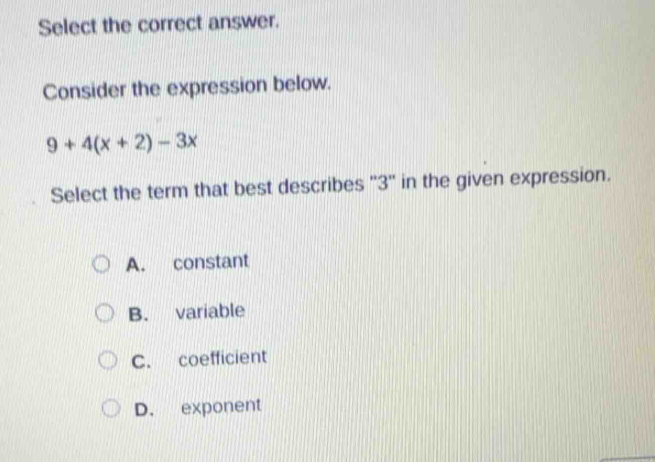 select the correct answer. consider the expression below. $9 + 4(x + 2)…