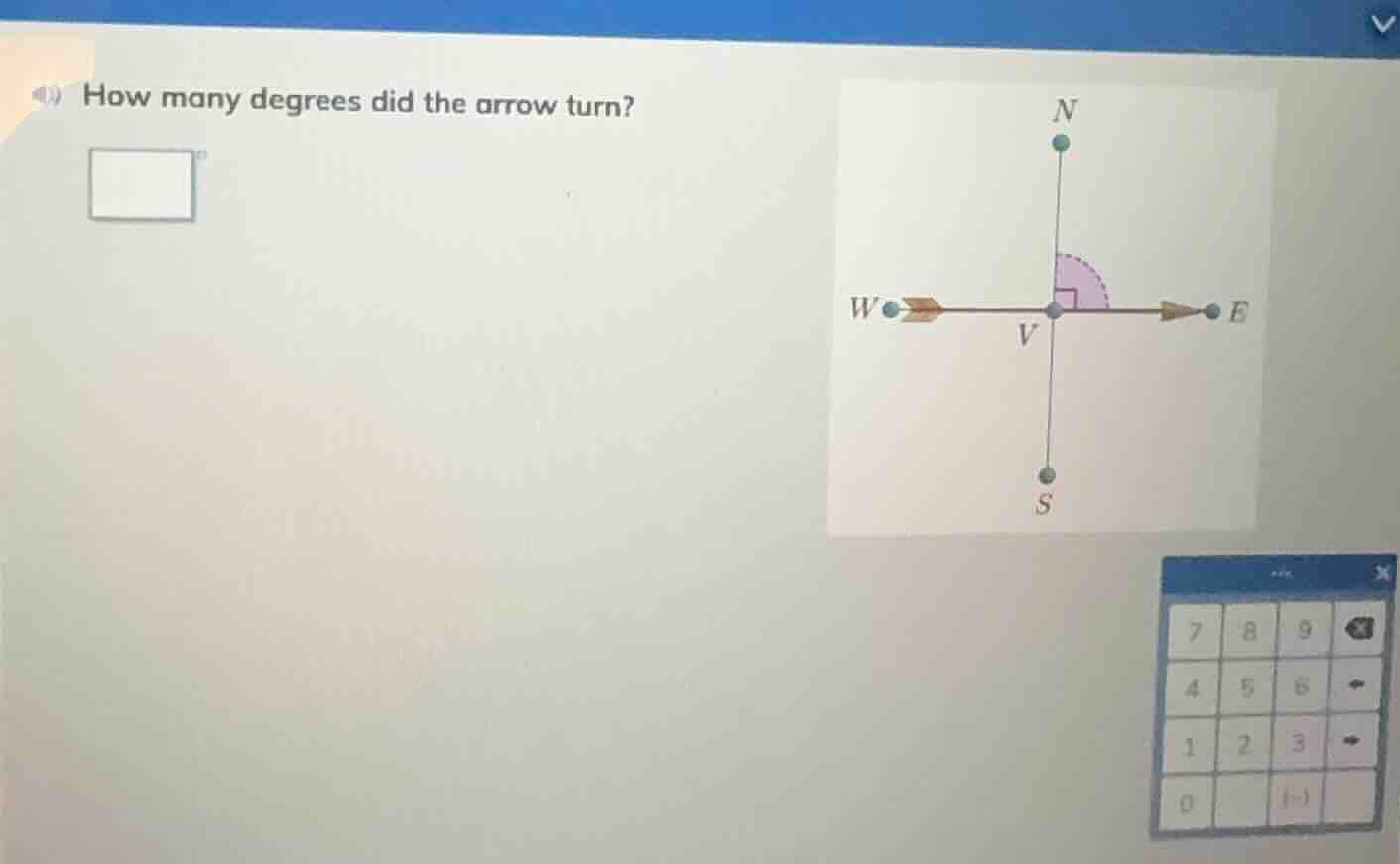 how many degrees did the arrow turn? (there is a coordinate system with…