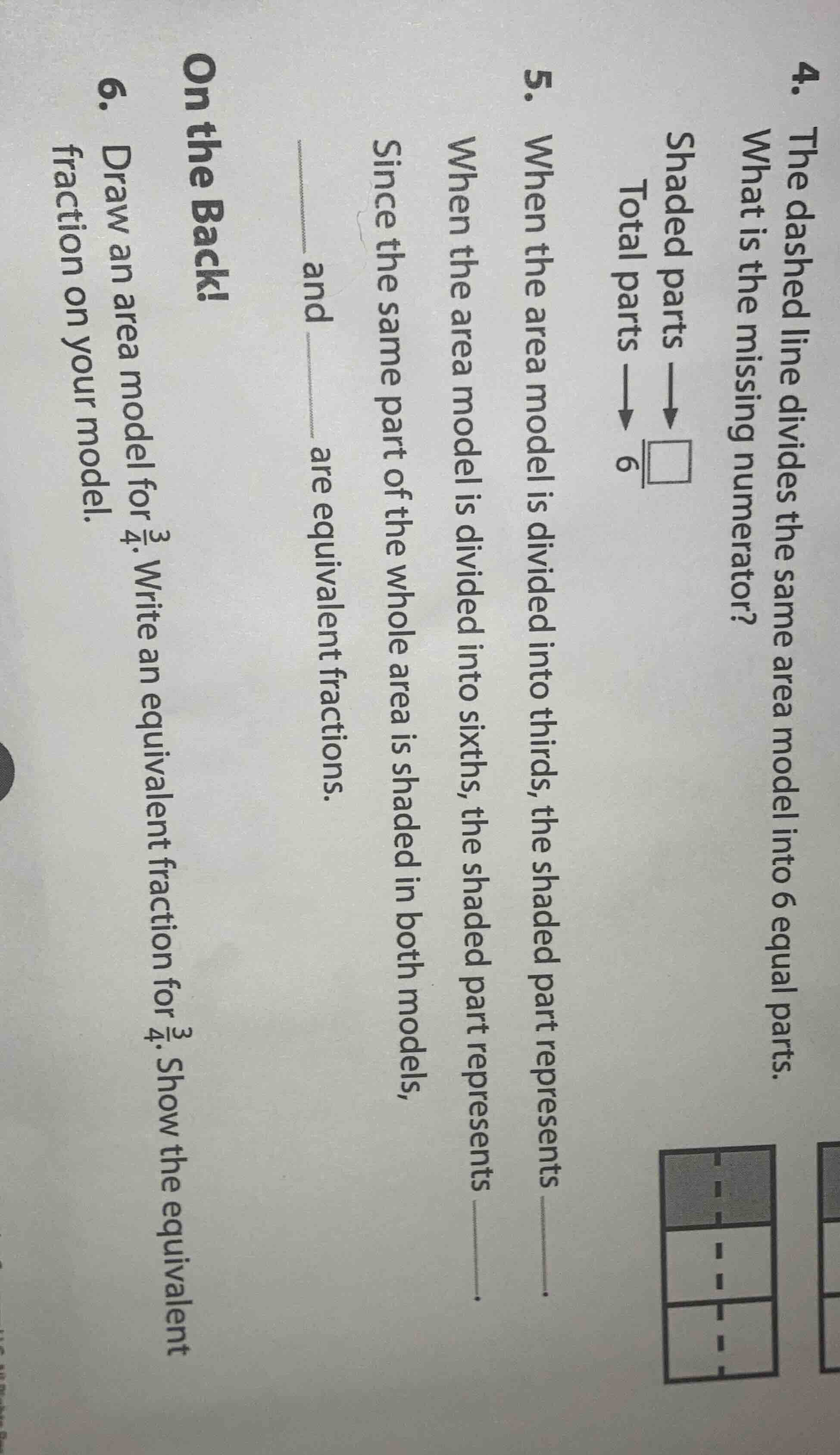 4. the dashed line divides the same area model into 6 equal parts. what…