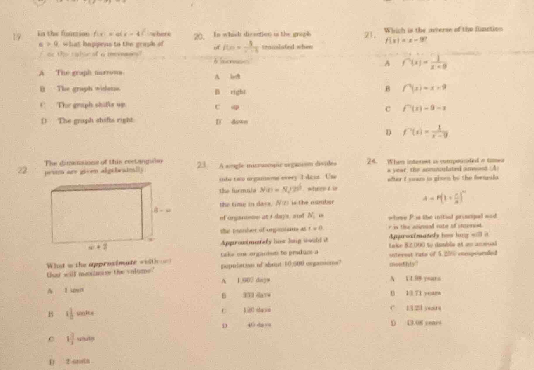 19. in the function $f(x) = a|x - 4|$ where $a > 0$, what happens to th…