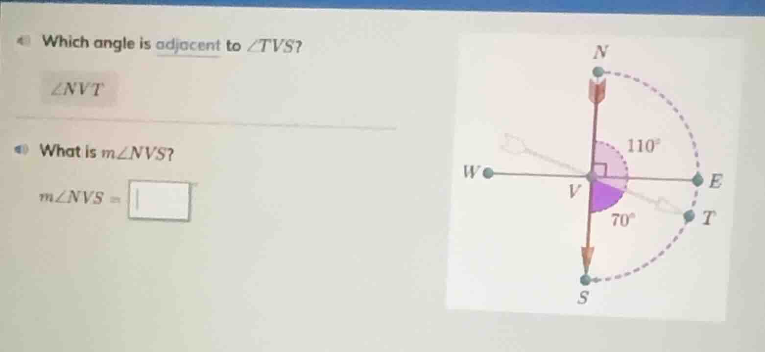 4 which angle is adjacent to ∠tvs? ∠nvt 4 what is m∠nvs? m∠nvs = (image…