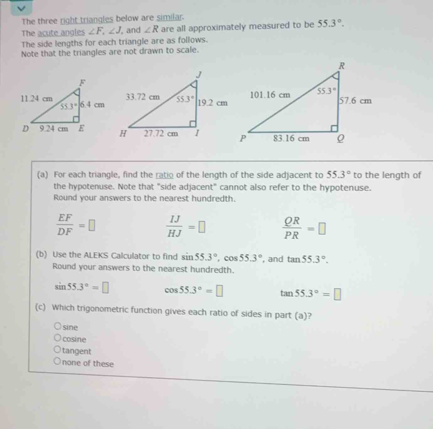 the three right triangles below are similar. the acute angles ∠f, ∠j, a…