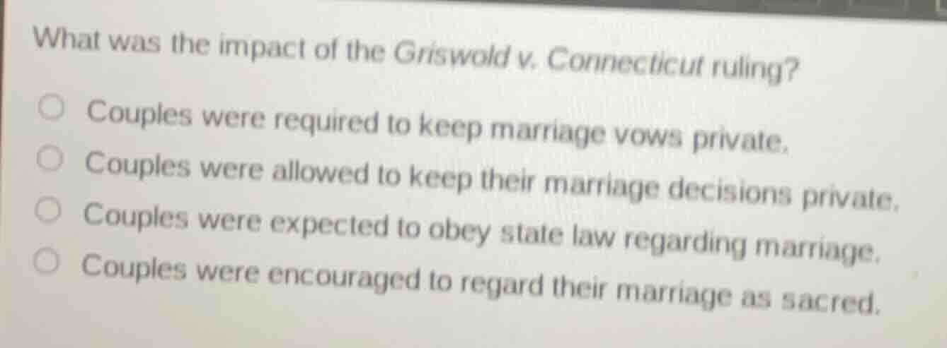 what was the impact of the griswold v. connecticut ruling? ○ couples we…