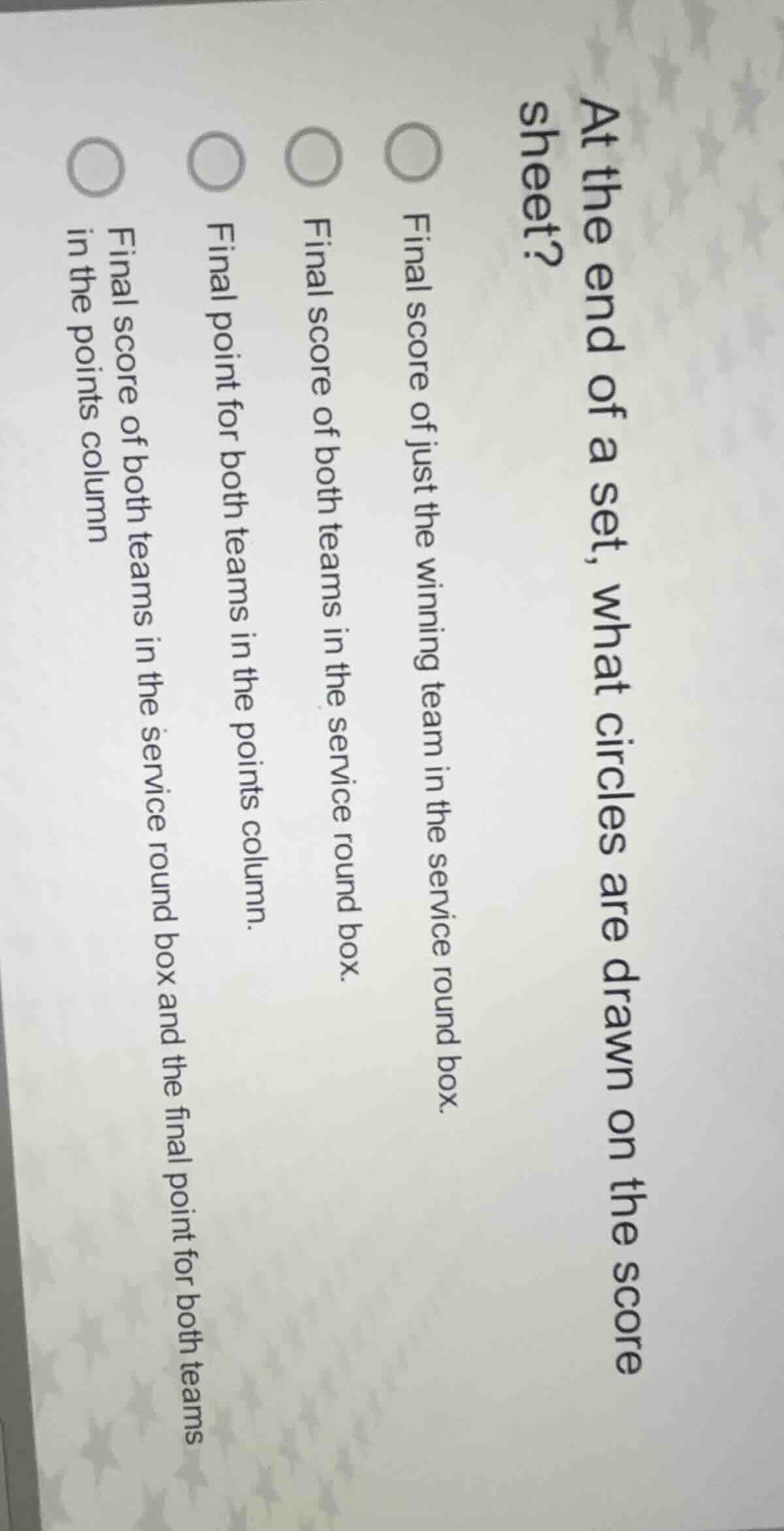 at the end of a set, what circles are drawn on the score sheet? final s…