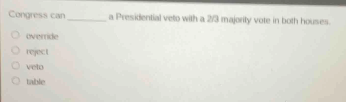 congress can ______ a presidential veto with a 2/3 majority vote in bot…