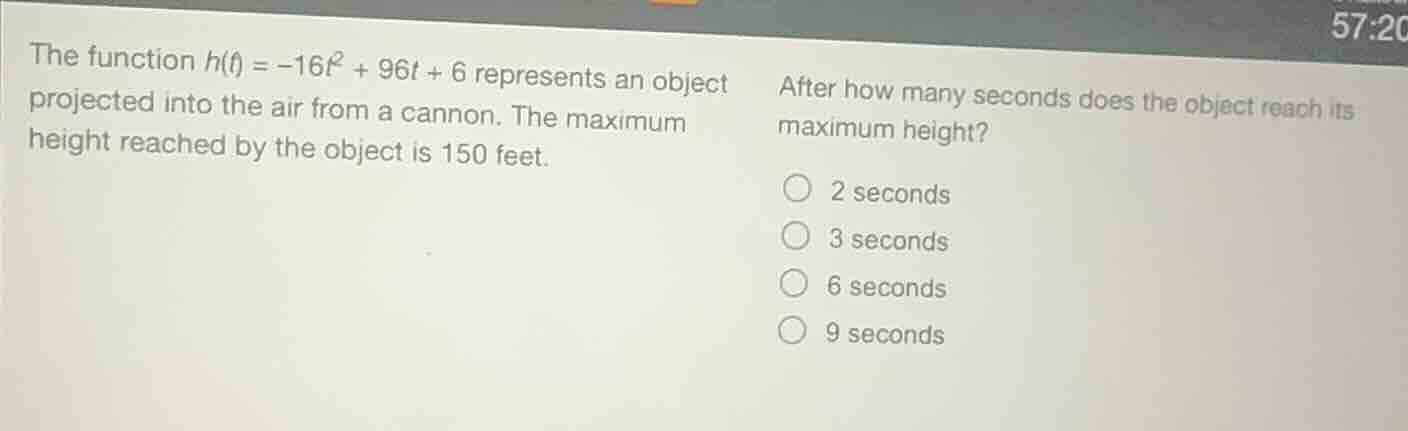 the function $h(t) = -16t^2 + 96t + 6$ represents an object projected i…