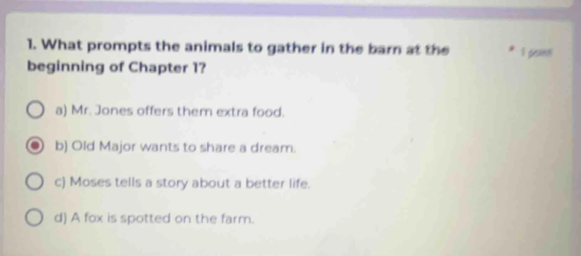 1. what prompts the animals to gather in the barn at the beginning of c…