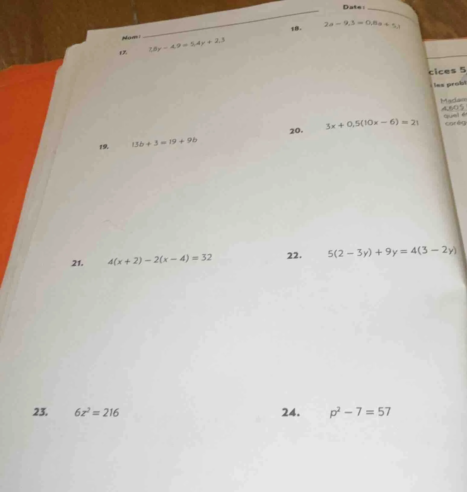 17. $7.8y - 4.9 = 5.4y + 2.3$ 18. $2a - 9.3 = 0.8a + 5.1$ 19. $13b + 3 …