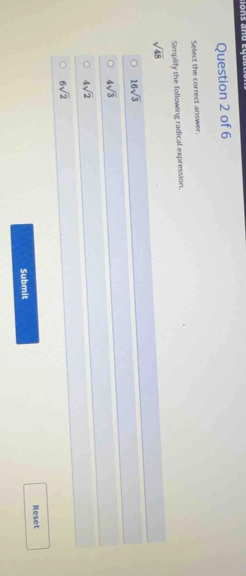 question 2 of 6 select the correct answer. simplify the following radic…