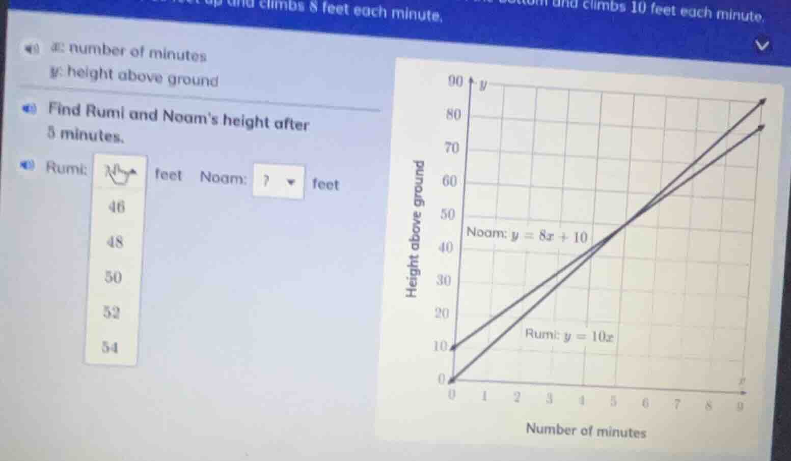 x: number of minutes y: height above ground find rumi and noams height …