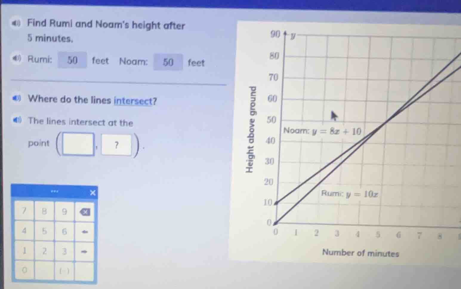 4) find rumi and noams height after 5 minutes. 4) rumi: 50 feet noam: 5…